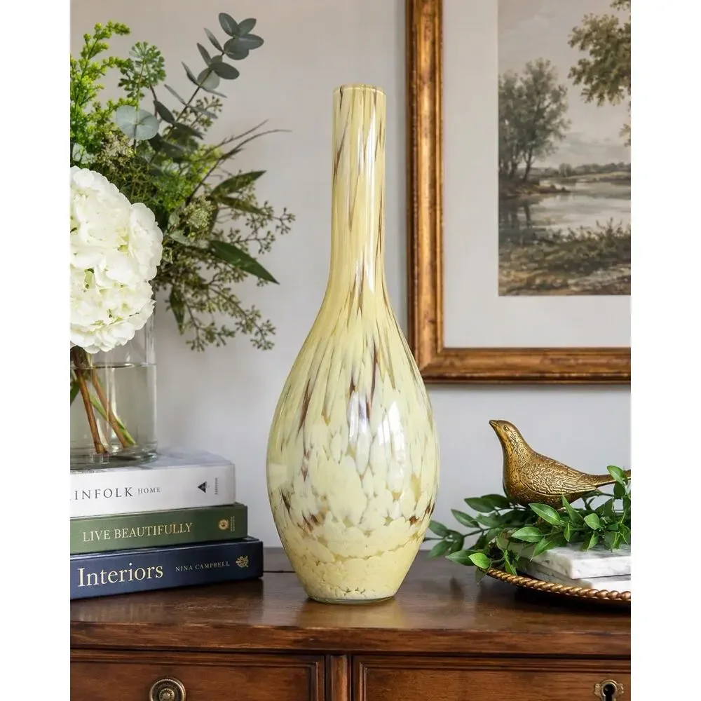 Hand Blown Studio Art Glass 16” Ivory Pulled Feather Bottle Vase Unsigned